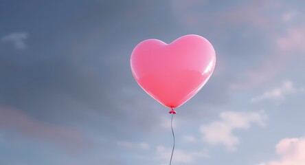 Pink Heart Shaped Balloon Floating in Blue Sky with Clouds Romantic Atmosphere