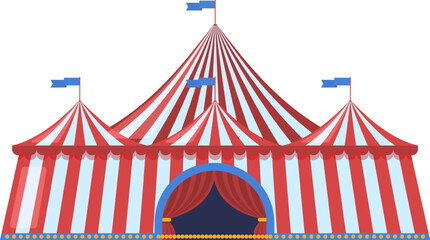Traditional red and white striped circus tent with flags