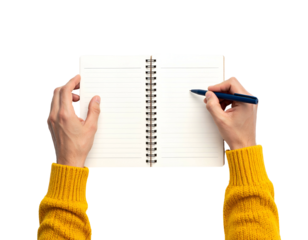 Hands writing in a lined notebook