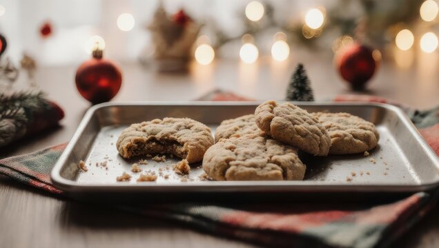 Delicious homemade Christmas cookies on a baking sheet with festive decorations.