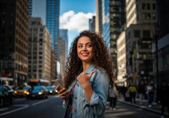 A young woman with curly hair smiles as she holds a smartphone in her hand on a busy city street with tall buildings