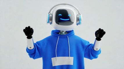 Colorful robot character wearing headphones and a blue hoodie enjoys music and shares positive vibes in a modern setting