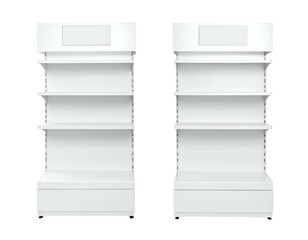 Two identical white retail display shelves with empty signs