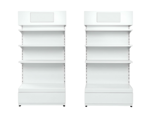 Two identical white retail display shelves with empty signs