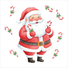 Santa Hanging Candy Canes Watercolor Illustration, Cute Christmas Decor Scene
