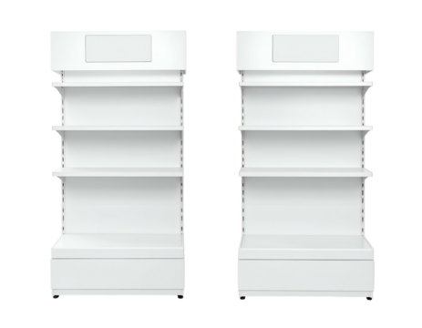 Two identical white retail display shelves with empty signs