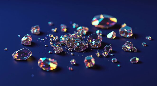 Scattered iridescent crystals on a dark blue surface gem precious - Powered by Adobe