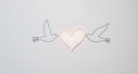 Minimalist Illustration of Two Hummingbirds Facing a Heart on White Background