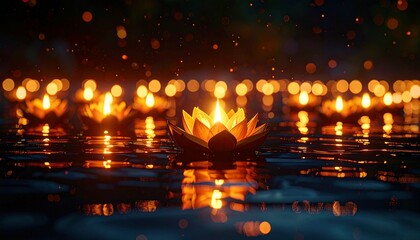 Floating Lotus Candles on Water with Reflections. Peaceful Diwali Festival of Lights Background and Spiritual Atmosphere.