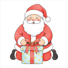 Santa Tying Gift Ribbons Watercolor Illustration, Cute Holiday Character
