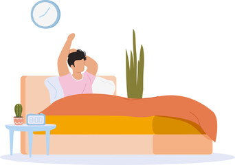 Man waking up in bed stretching in morning