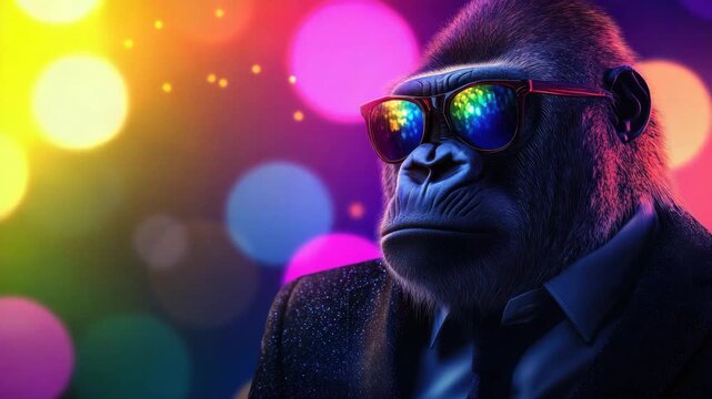 cool party gorilla with sunglasses on colorful disco background illustrated animation