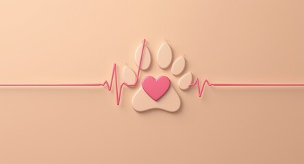 Cute Pink Heart Paw Print with Heartbeat Line on Soft Beige Background
