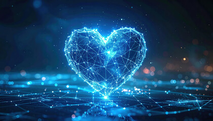 Glowing blue heart shows hopeful concept for ethical ai development. This digital plexus network symbolizes future of connection, innovation, love and technology