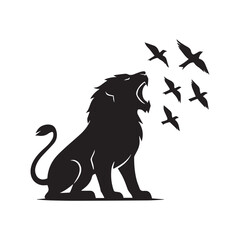 Roaring Lion Silhouette with Flying Birds Symbolic Vector Isolated on White.