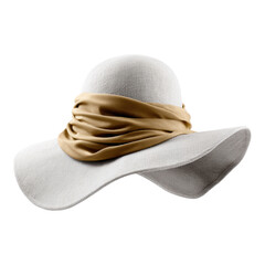 Elegant white linen sunhat gold fashion accessory for classic summer style. Isolated headwear object for vacation