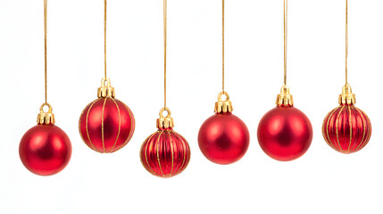 Red Christmas decorations with golden tops, glossy holiday ornaments hanging, isolated on white background.