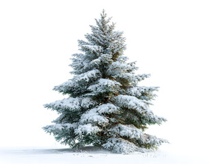 Snow-covered evergreen tree, festive winter and Christmas decoration, isolated on white background.