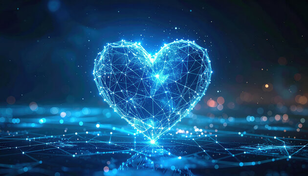 Glowing blue heart shows hopeful concept for ethical ai development. This digital plexus network symbolizes future of connection, innovation, love and technology