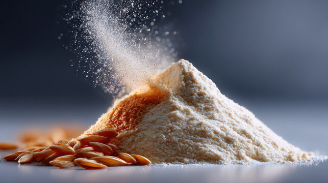 Pile of white flour from whole grain addresses global food security crisis. This baking ingredient highlights challenge of agricultural production and supply