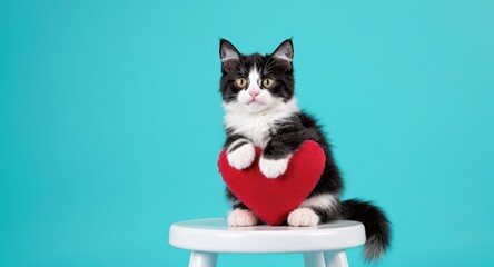 Cute Black White Kitten Holding Red Heart Sitting on White Stool Against Blue Background