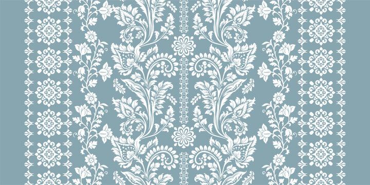 floral pattern vintage ethnic modern embroidery texture boho design vector illustration hand drawn pink flower motif branches leaves wallpaper seamless background border.	