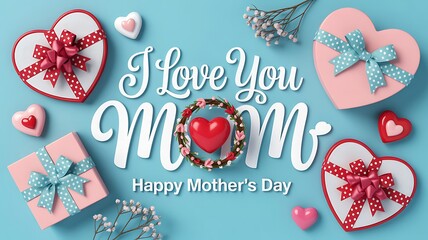 I love you mom text with heart shaped gifts and flowers for happy mothers day