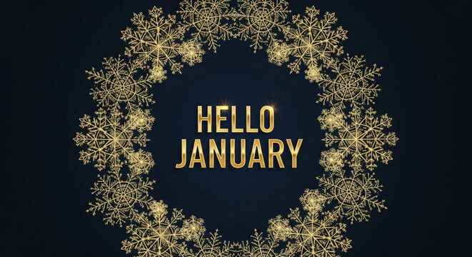 Golden Snowflake Wreath Greeting Hello January on Dark Blue Background image photo