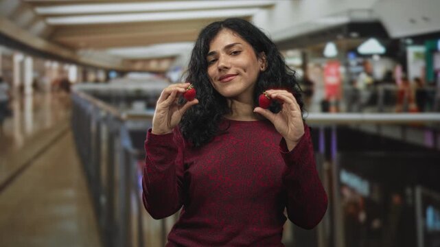 Woman holds two strawberries and puckers lips amid a busy mall atrium, smiling slightly and leaning on railing; playful delight.