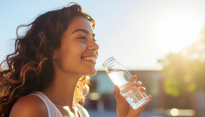 Tobacco free generation concept shown by young woman smiling and enjoying fresh water outdoors in sunlight healthy lifestyle