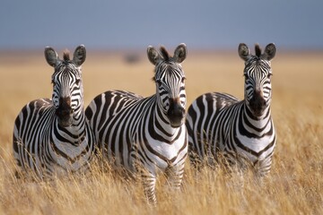 Group of zebras grazing in the golden grasslands at dusk