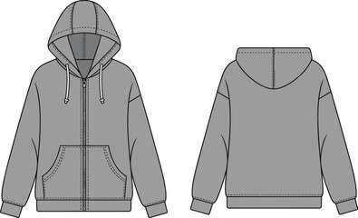 Zip up hoodie fashion flat, technical CAD drawing, front and back view sweatshirt template, vector garment illustration with kangaroo pocket and hood © Khadija Creatives