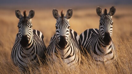 Naklejka premium Three zebras stand together in tall golden grass during sunset