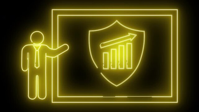 Yellow neon outline man pointing to a graph on a shield inside a rectangle on a black background