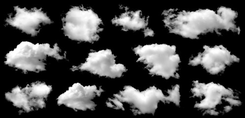 Collection of nine realistic white fluffy clouds isolated on black background, ideal for sky editing, photo compositing, weather illustration, digital art, and 3D rendering projects.