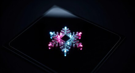 Illuminated snowflake circuit board illuminates dark background.