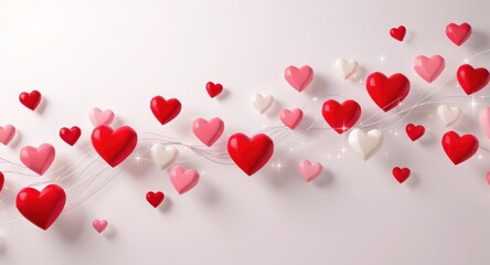 Red and Pink Heart Balloons Floating on White Background for Valentine's Day
