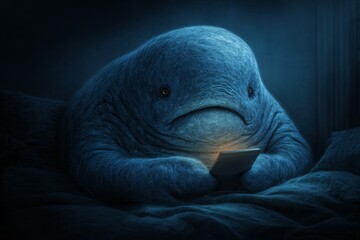 Adorable whale clutches phone in a nighttime adventure. Nighttime whale. The truth about crypto: profits, problems and pressure. Whale tale. Whale holding.