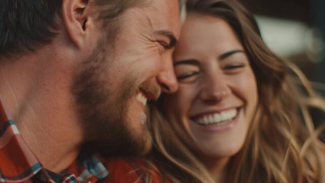 Radiant Affection: Two people share an intimate moment of genuine affection, their faces alight with smiles and warmth. A scene that embodies connection, joy, and the beauty of human relationships.