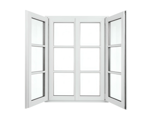 Open white casement window with six panes, isolated