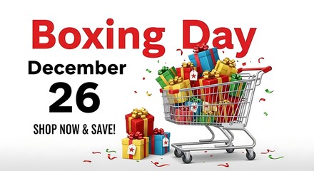 Boxing day sale promotion with gifts and shopping cart isolated on white background