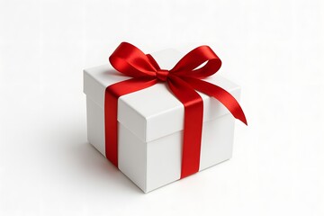 Obraz premium Minimalist White Gift Box with Red Satin Ribbon Bow — Elegant Celebration Concept