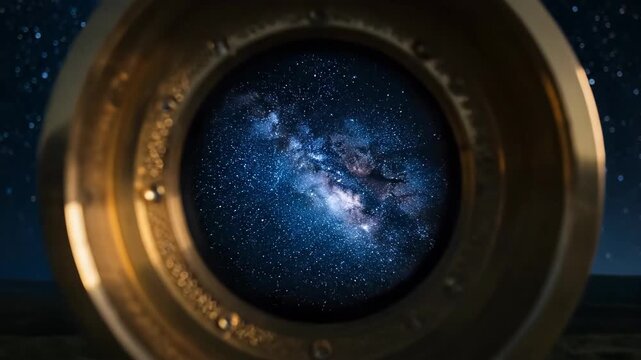 A gold framed telescope viewing the distant galaxy at night