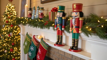 Festive holiday mantel with nutcrackers and glowing tree