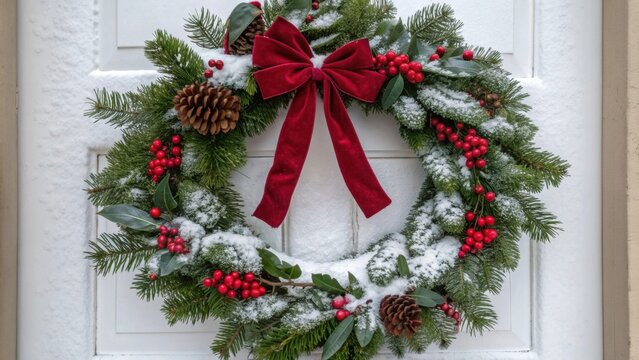 Festive snow-dusted Christmas wreath with red bow