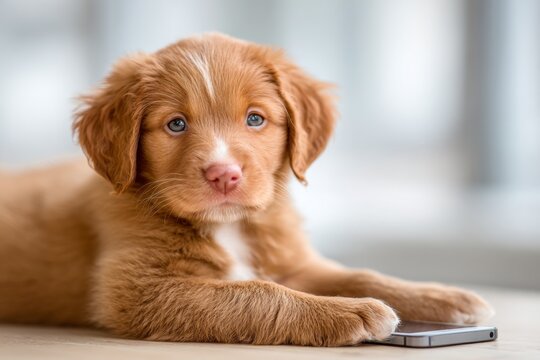 Adorable puppy browsing on smartphone in sunny morning room. Graphs and meaning. We rely on screens to decode reality through curated visuals and facts. Puppy love. Puppy fun.