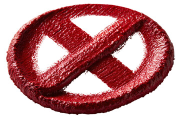A textured, vibrant red, hand-painted 'x' mark within a circular boundary, symbolizing prohibition, denial, or incorrectness.