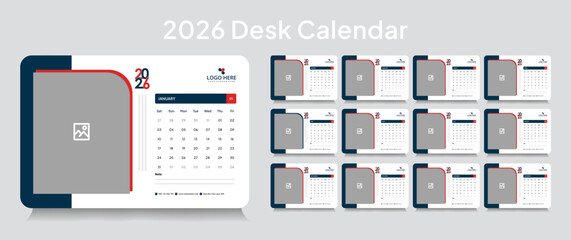 Customizable desk calendar 2026 template, corporate desk calendar schedule 2026 monthly 12-page planner layout, editable vector eps 10 file format