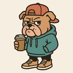 Urban streetwear bulldog mascot holding coffee cup flat color cartoon illustration