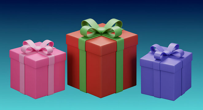 Three colorful gift boxes with ribbons on a gradient background